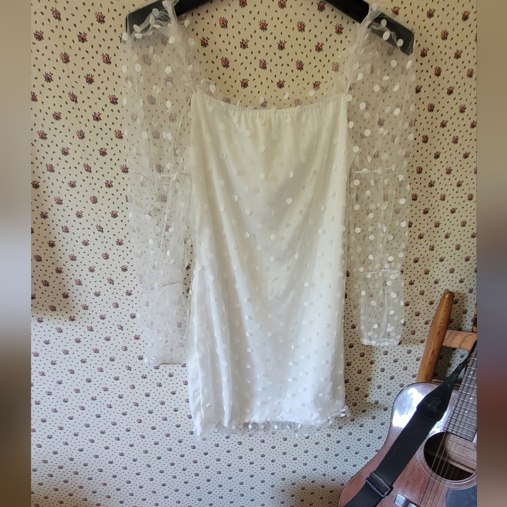 Sexy white polk-a-dot cocktail dress  w/ sheer sleeves. Size L.(8/10). New - Picture 3 of 14